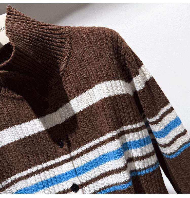 Plus-Size Women's High-Neck Striped Knit Cardigan Sweater for Autumn/Winter, Loose Fit, Wear as Inner or Outer Layer