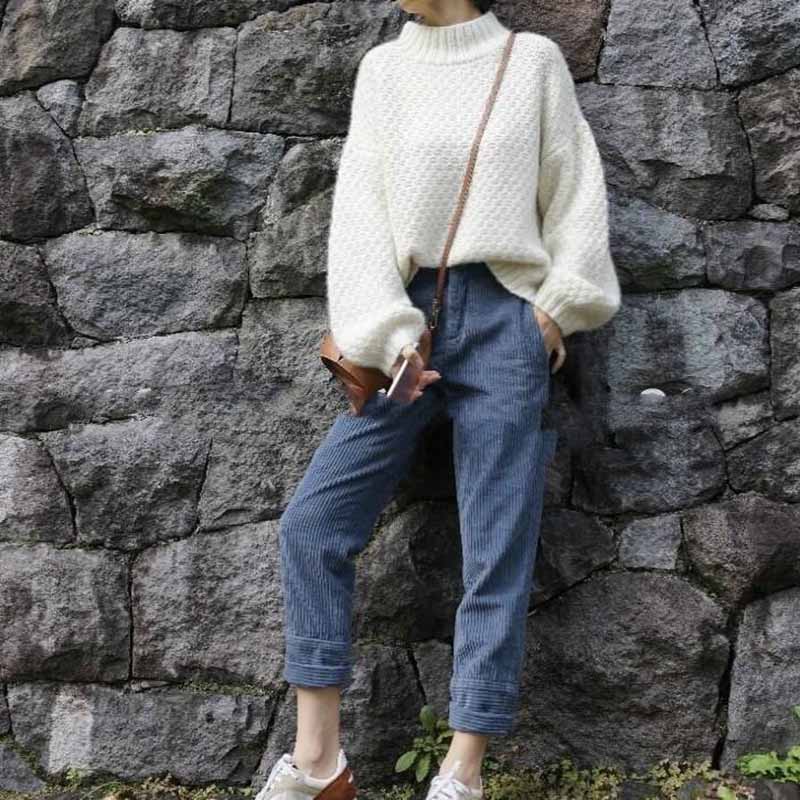 Soft White Sweater Women's Autumn and Winter Thick Round Neck Bubble Sleeve Soft Style Loose Knit Autumn and Winter