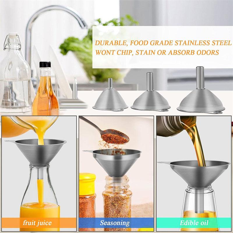6Pcs Stainless Steel Kitchen Funnels Set Wide Mouth Funnels For Canning Bar Wine Beer Oil Flask with Cleaning Brushes and Rings