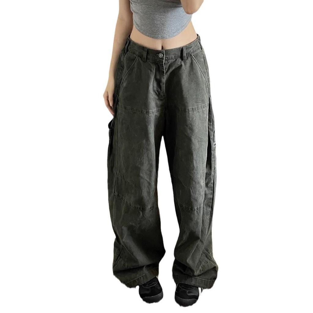 Women's American Retro Gray Distressed Wide-Leg Pants - Casual Loose Fit for Spring and Autumn