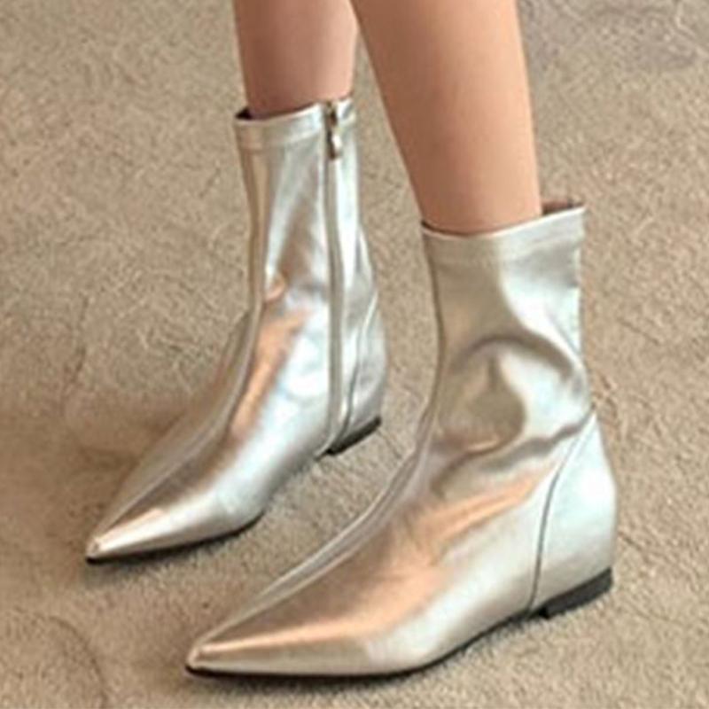 

Женские ботильоны с острым носком на каблуках Зимняя мода Сексуальная кожаная обувь Женская тенденция 2024 года Зимние сапоги Элегантные готические женские ботинки 40 серебряный