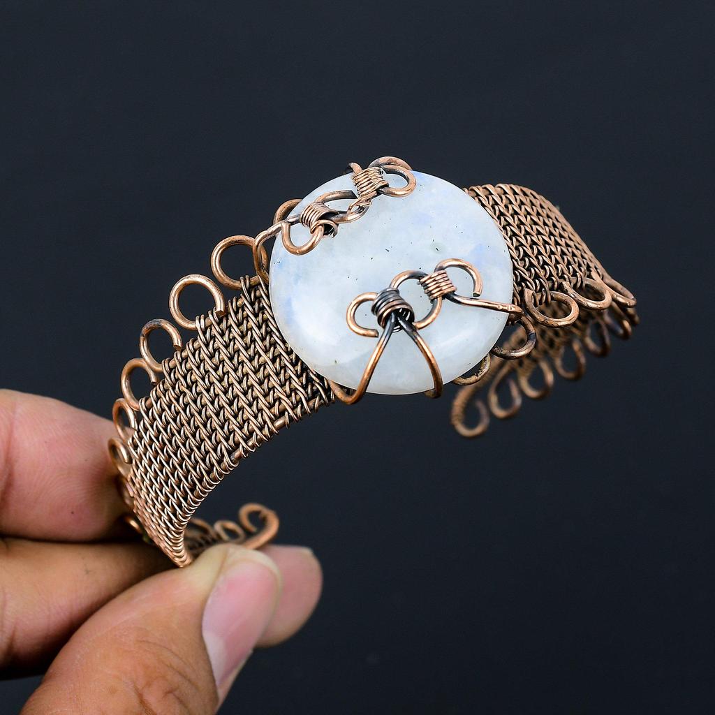 Moonstone Gemstone Pure Copper Wire Wrapped Handmade Cuff/ Bangle Jewelry For Christmas Gift