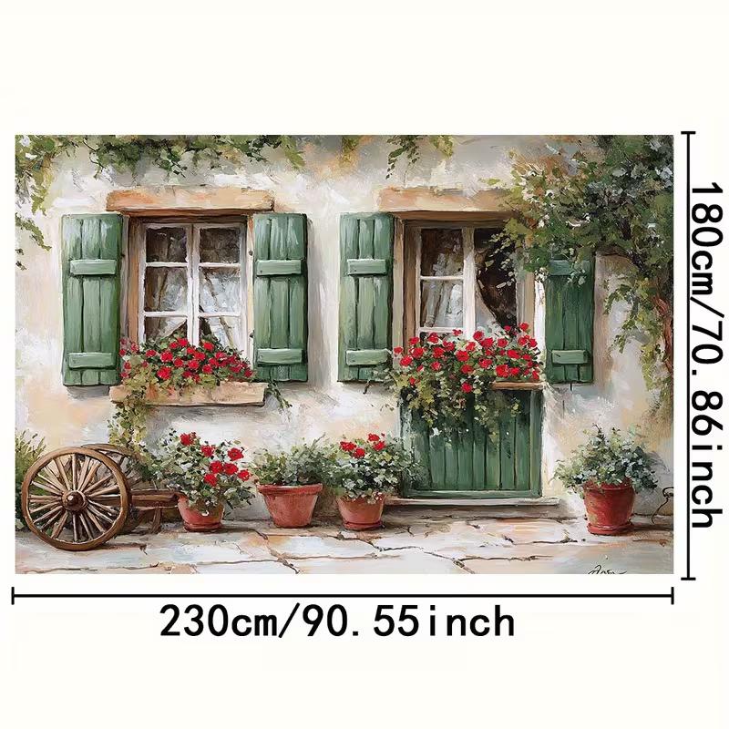 2D French Village Cottage Tapestry, Window with Flowers and Old Wagon Wheel Background Cloth