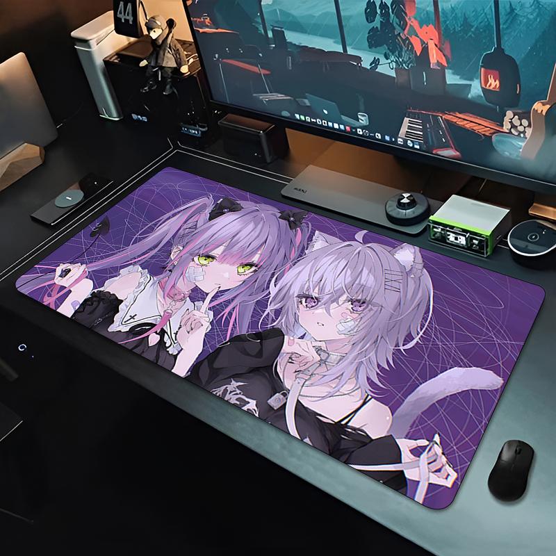Large Gaming Mouse PadAntislip Rubber Base Stitched Edges Purple Hair Demon Anime Girl Art Print Extended Office Gamer Mat