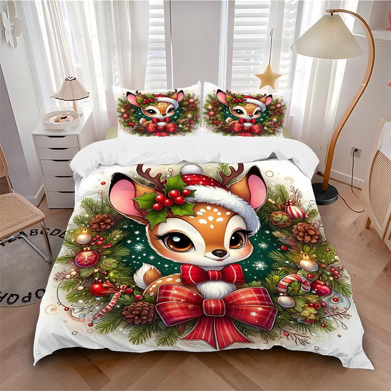 3pcs Christmas Plum Deer Bedding Set - Includes 1 Quilt Cover and 2 Pillowcases, Comfortable Bedding with Stylish Design for Bedroom, Machine Was