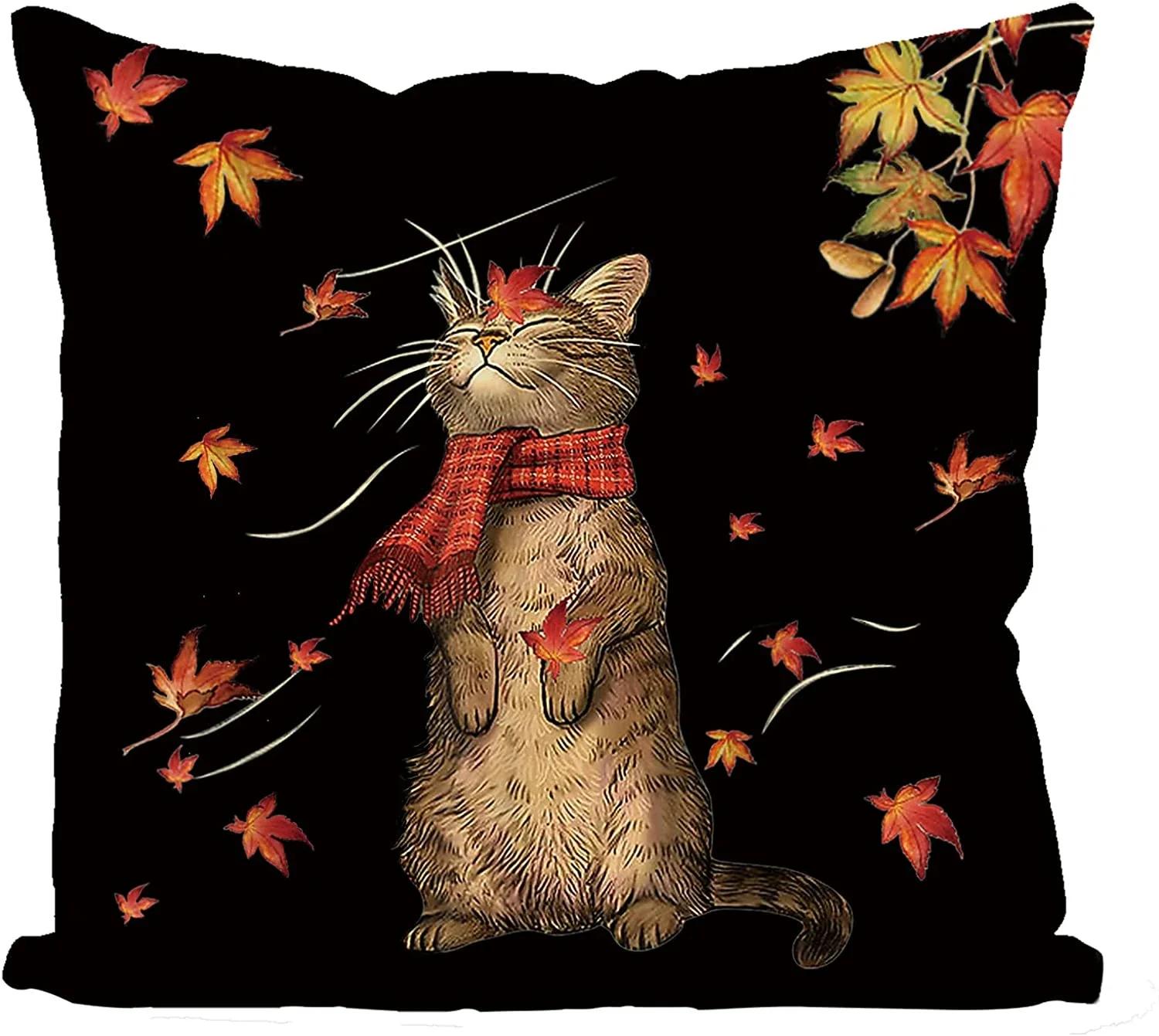 

Осенние наволочки Кленовый лист Кот Наволочка Осенний День благодарения Фермерский дом Декоративная наволочка для диванной подушки Домашний декор 16x16Inch