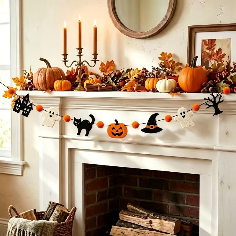 Halloween Banner Pumpkin Ghost Cat Hat Garland, Party Background Wall Hanging Decor, Holiday Themed Party Decoration Supplies
