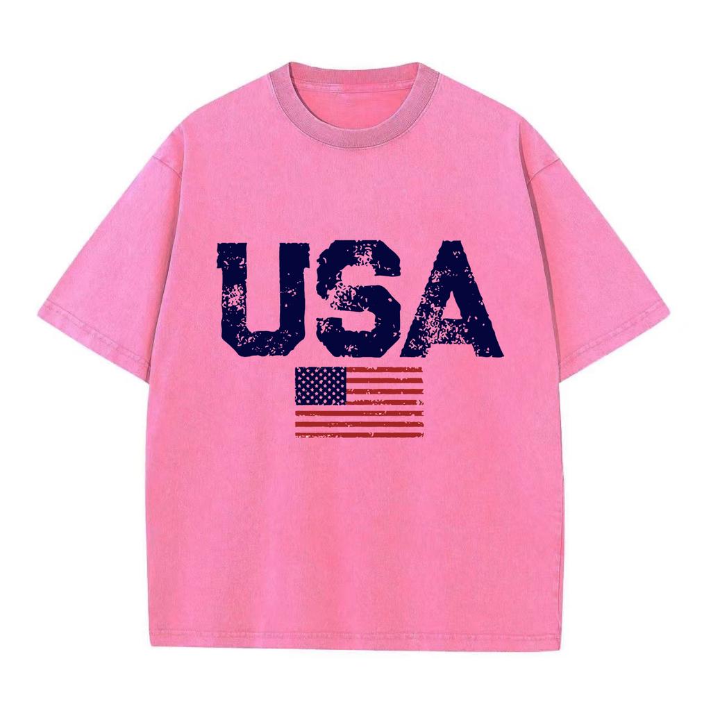 Usa Letters American Flag Stars And Stripes Mens Clothing Loose T-shirt Autumn Pullover T-shirt Retro Washed Vintage T-shirt