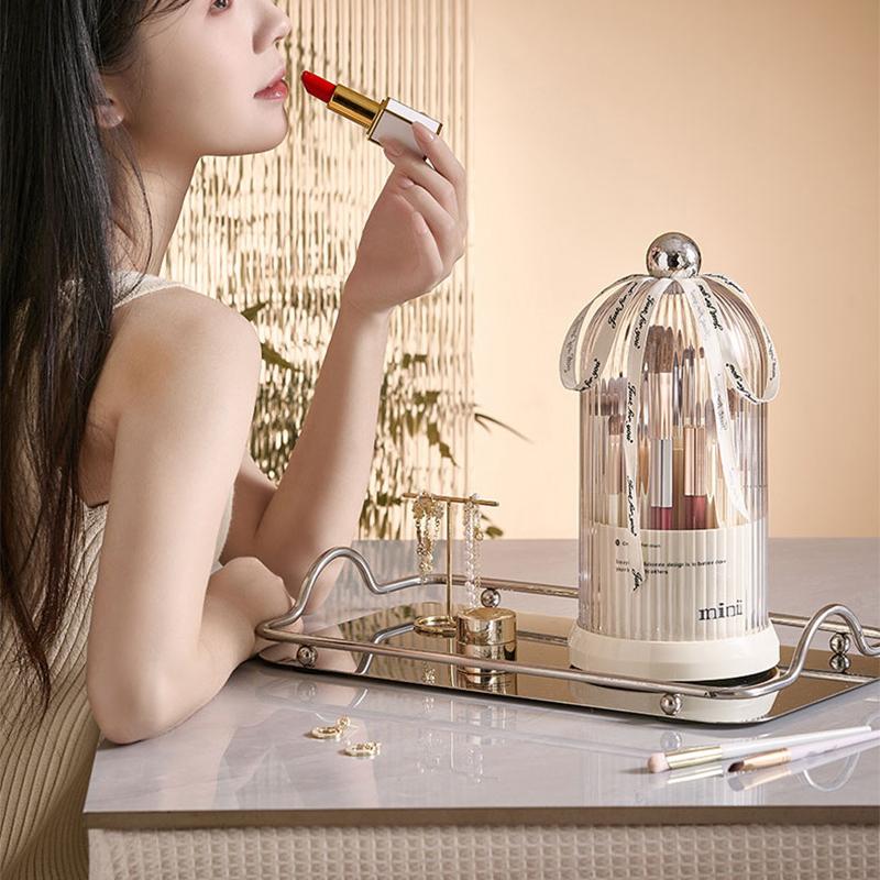 

Makeup Brush Storage Bucket Rotatable Dressing Table Cosmetics Storage Rack with Lid Beige