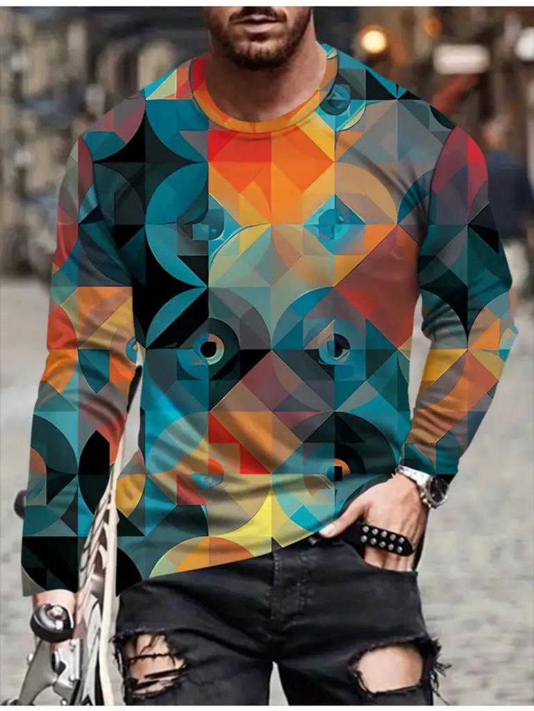 T Shirts for Man Geometric Block 3D Print Autumn Long Sleeve T-Shirt Pullover Casual Male Tops Street Lightweight Men's Clothes