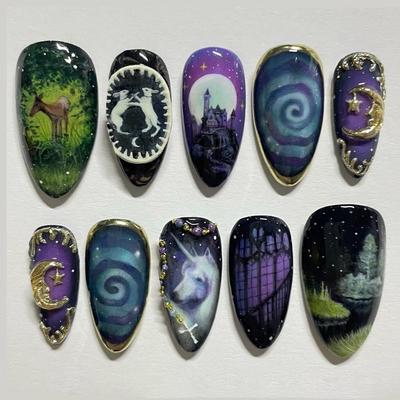 24PCS Almond Press On Nails Fantasy Unicorn Moon Castle Patterns False Nail Tips Aurora Purple False Nails Set Wearable Manicure
