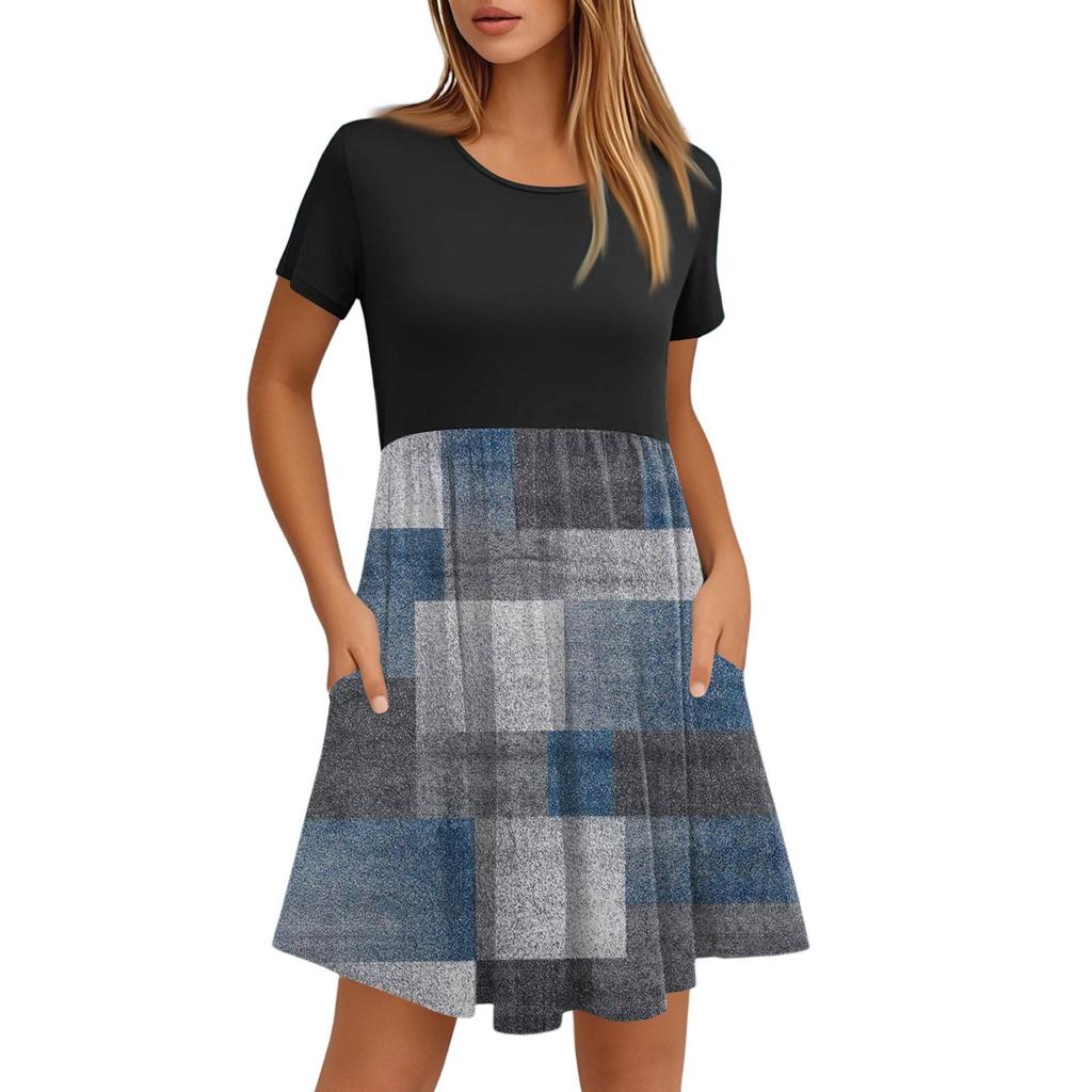 Robes décontractées à col rond et manches courtes pour femmes, imprimées et à poches