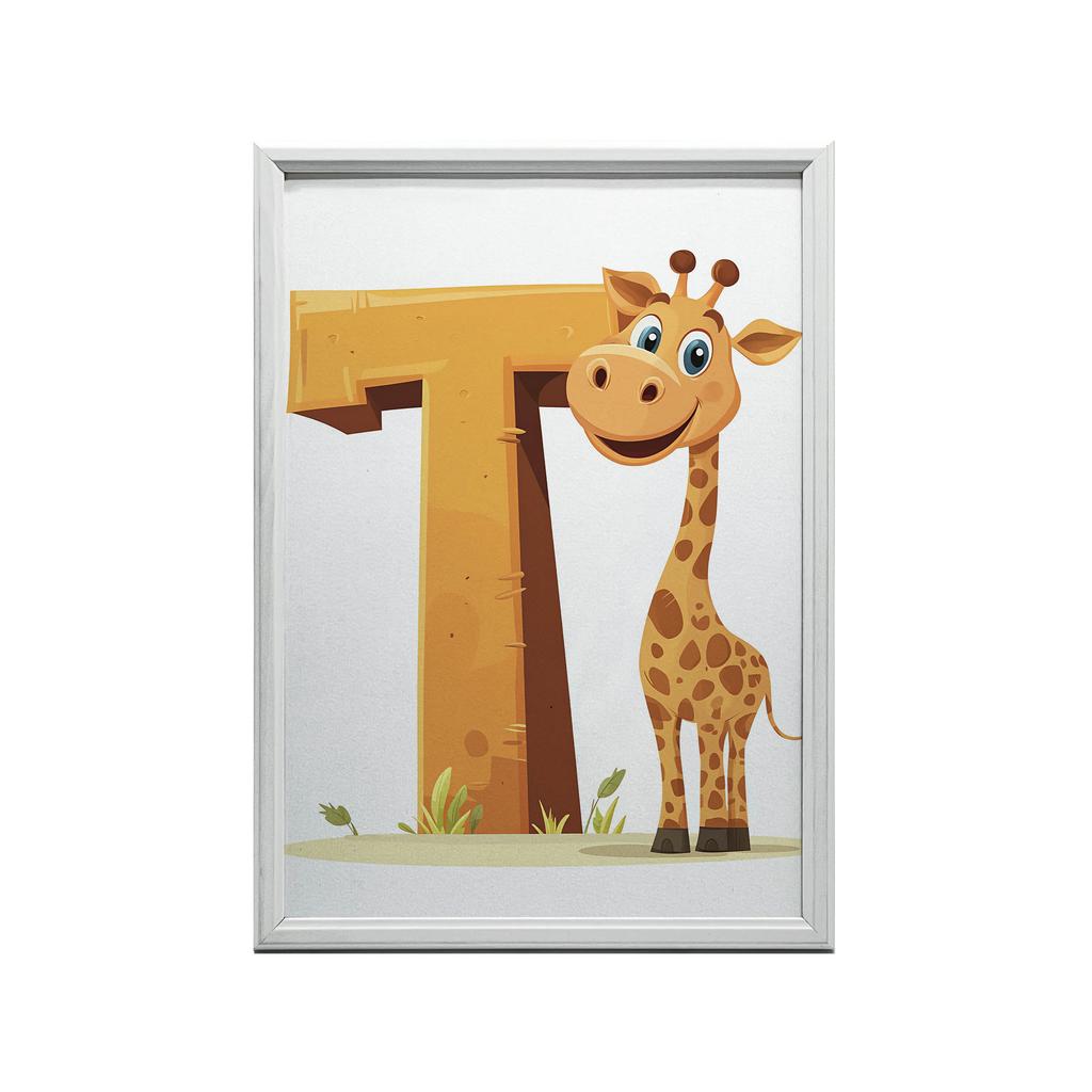 Poster Lächelnde Giraffe mit dem Buchstaben T Poster Lächelnde Giraffe mit dem Buchstaben T, 30X40 cm, Holzrahmen Dunkelbraun, Mattpapier 230 g/m²