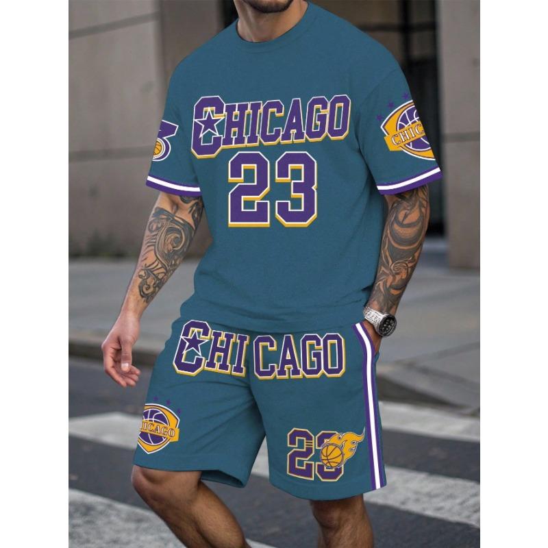 Men's Sports Short Sleeve Top Shorts Set Plus Size Breathable Basketball Sports Clothing Letter Print T-shirt Shorts 2-piece Set
