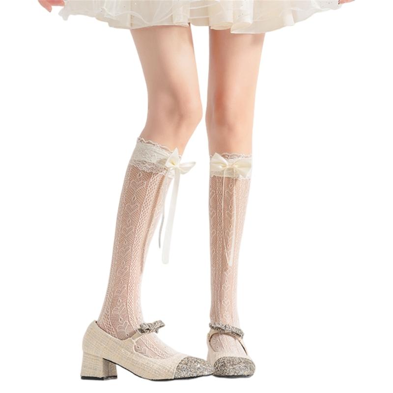 Japanese Style Ruffle Lace Trim Over the Calf Socks for Women Cute Ribbon Bowknot Hollowed Out Heart Fishnet Stockings