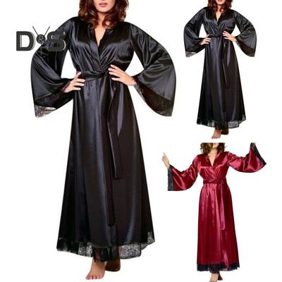 Women Nightgown with Adjustable Waist Tie Satin V Neck Imitation Silk Hollow Lace Cuffs Solid Color Sleepwear Parties Weddings Bride Bridesmaid