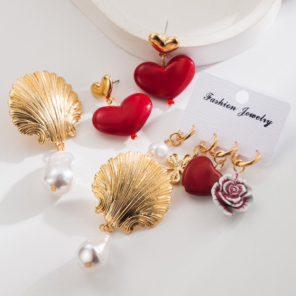 Earrings Fashion Simple Shell Imitation Pearl Earrings Heart Flower Pendant Personality Versatile Exaggerated Earrings for Women