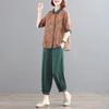 Set Due Pezzi Donna Cotone Lino Stampato Estivo Dimagrante Taglie Forti Artistico Retrò alla Moda Ensemble Stile Coreano