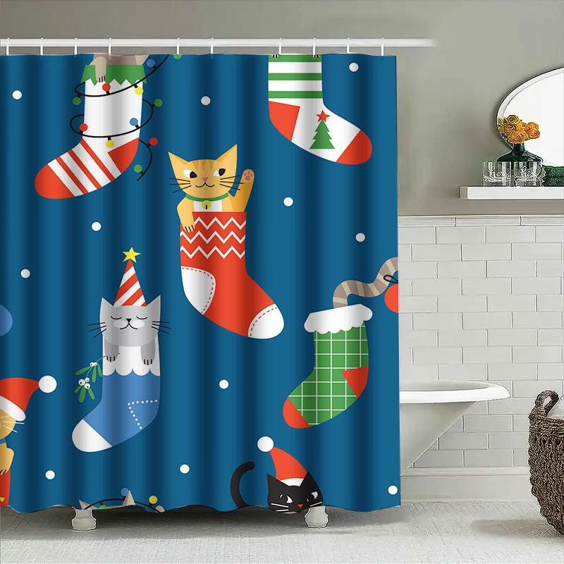 Blue Shower Curtain with Christmas Stockings and Cats Festive Bath Decorations for Bathroom