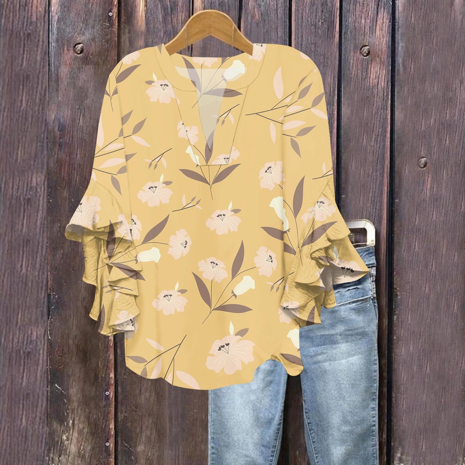 

Літні топи для жінок Милі блузки з V-подібним вирізом та рукавом 3/4 Топ з квітковим принтом Повсякденні сорочки XXL рожевий