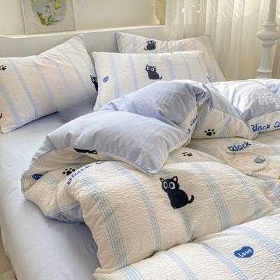 Juego de cama de algodón lavado de cuatro piezas con diseño de gato negro y rayas simples de estilo nórdico, juego de 3 piezas para dormitorio y funda de edredón con dibujos animados