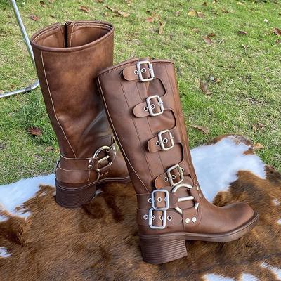 Retro Hochwertige PU Reißverschluss Große Größe Lange Stiefel 2025 Neue Damenschuhe Herbst Vielseitig Runde Spitze Quadratischer Absatz Damenstiefel
