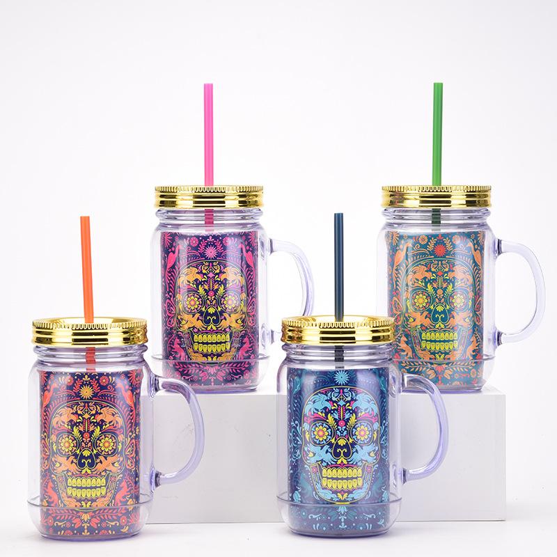 Double Plastic Cup Colored Skull Halloween Party Water Cup Portable Creative Straw Cup