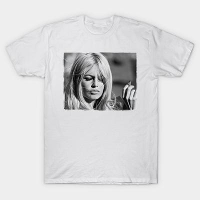 Asian Size Men Black Print T-shirt Brigitte Bardot Vintage No-Cut Heat Transfer Print Cotton Tshirt