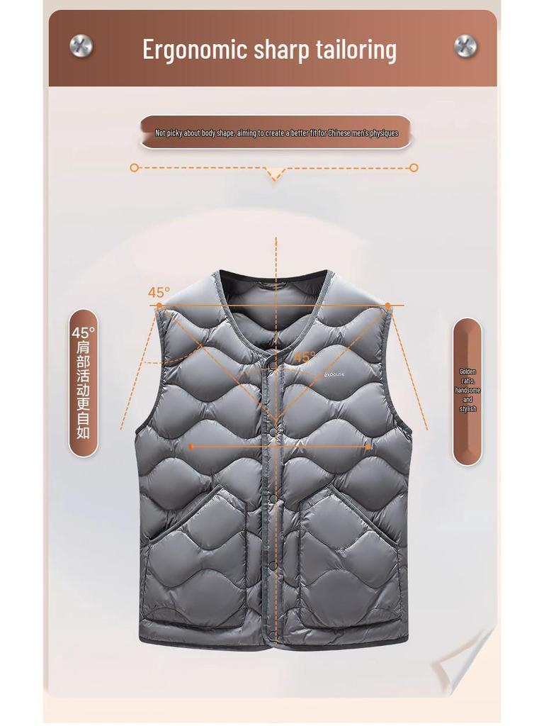 Men's Lightweight White Duck Down Vest - Solid Color, Sleeveless, Versatile, Warm Inner Layer for Autumn/Winter.