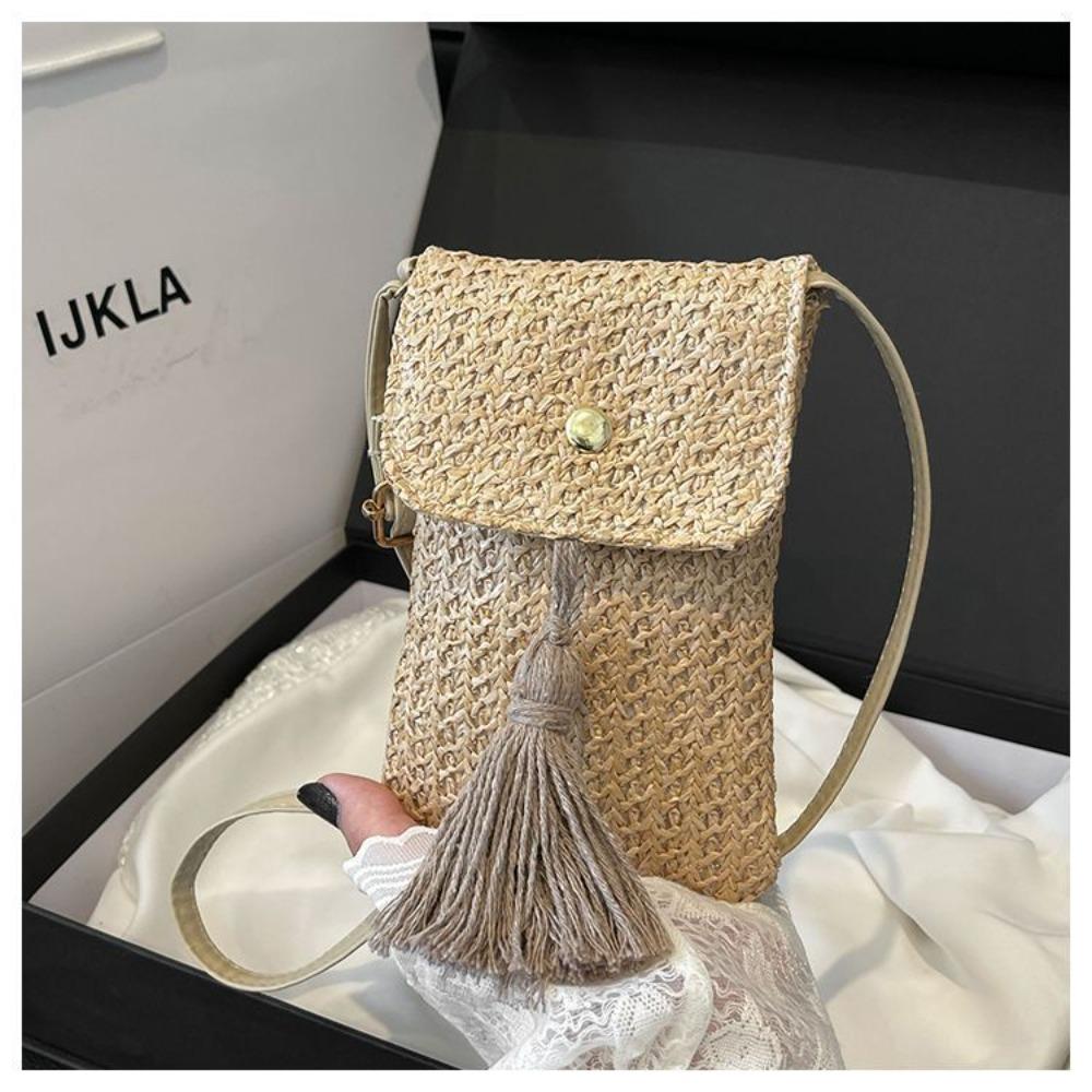Summer Japan and Korea Travel Mobile Phone Bag Fringed Messenger Bag Straw Woven Seaside Women's Bag Mobile Phone Bag Photo