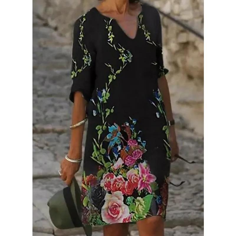 QICED Abiti Estivi Stampati Larghi in Fibra di Bambù Lino Floreale Manica Corta Donna Vintage Letterario Scollo O Manica a Cinque Punti