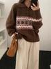Women's Retro Wool Jacquard Color Block Polo Collar Sweater - Loose Fit, Autumn/Winter Collection