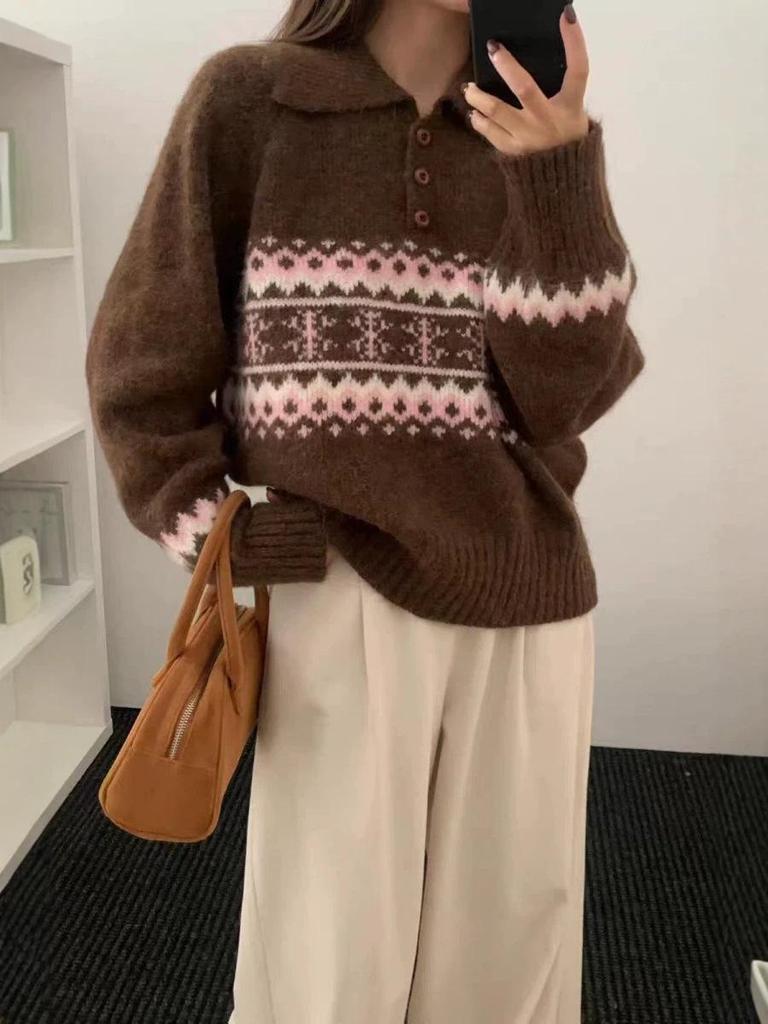 Women's Retro Wool Jacquard Color Block Polo Collar Sweater - Loose Fit, Autumn/Winter Collection