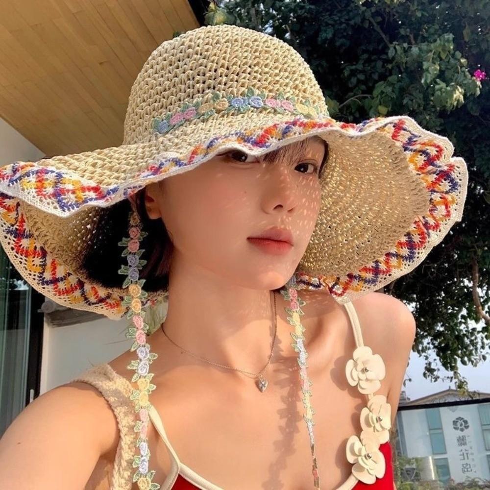 Floral Tie Sunshade Hat Large Brim Sun Protection Hat Fashionable Fisherman's Hat  Vacation