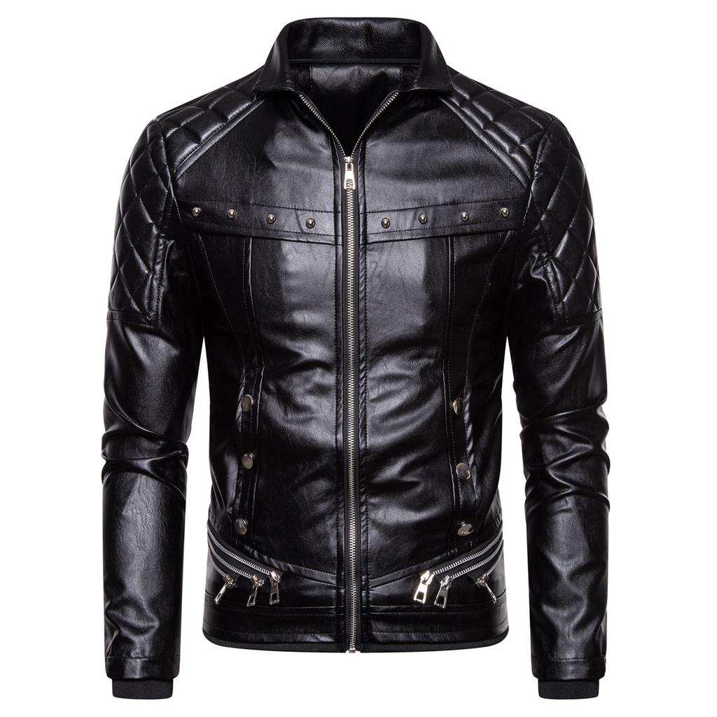Autumn and winter new fashion solid color button zipper splicing European size fur collar men's leather jacket leather jacket PY