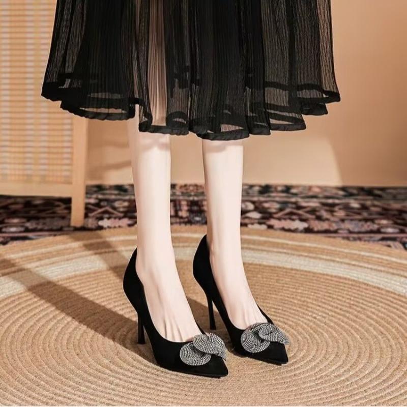Fashion Crystal Flower Stiletto Single Shoes Women's Fashion Pointed Toe Shallow Mouth Slip-on Non-Slip Wear-Resistant High Heels