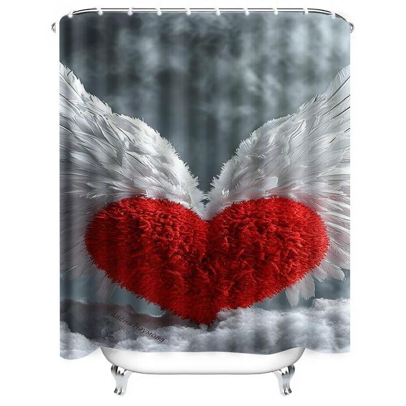 Red Heart with Angel Wings Waterproof Shower Curtain Heat Resistant Machine Washable Non-Transparent 180x180cm