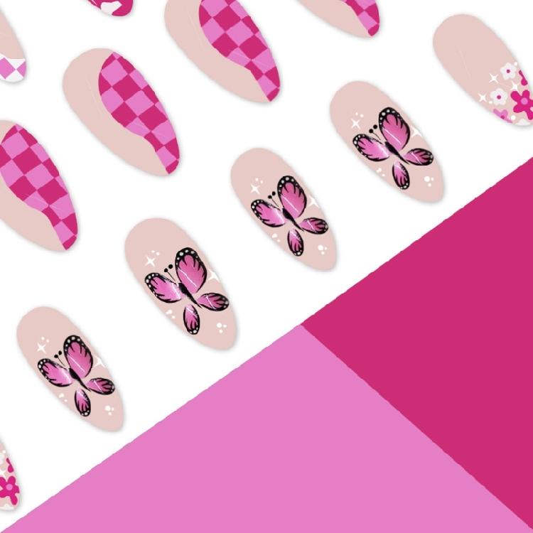 24 Pcs French Tip Stick On Nail Butterfly False Nail Short Almond Press On Nail Flowers Artificial Acrylic Nail