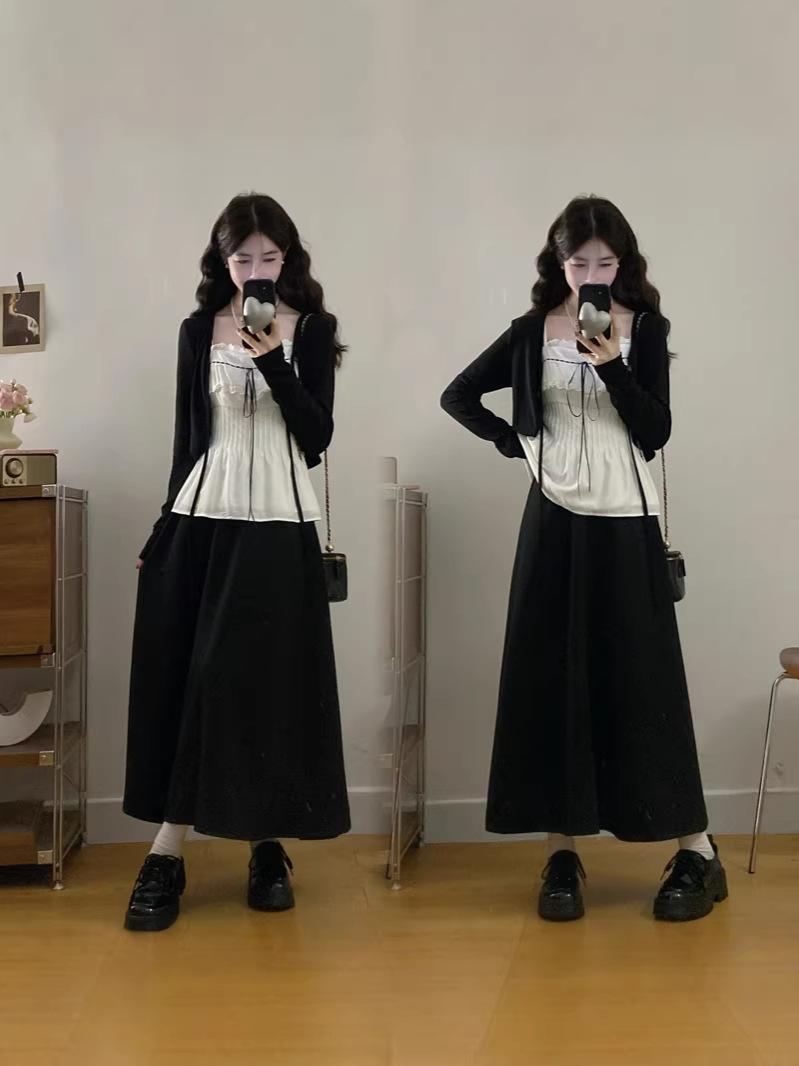 

Plus Size Women s Elegant Three-Piece Set: Slimming Camisole Top, Cardigan, and Skirt. L