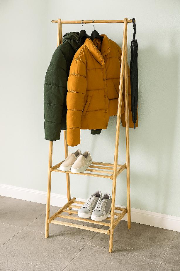 Foldable bamboo hanger with two shoe shelves, shelf, stand, hallway hooks