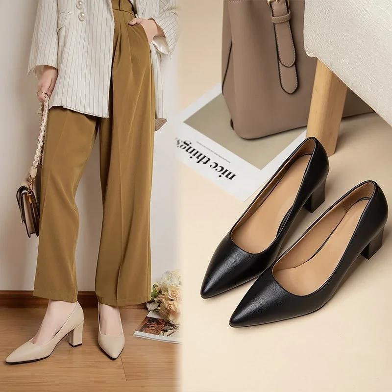 Fashion Soft Leather Fabric Heels Pumps Shoes Pointed Toe Shoes Woman Square Slip-On Heel Slip Lady Office Casual Work Shoes