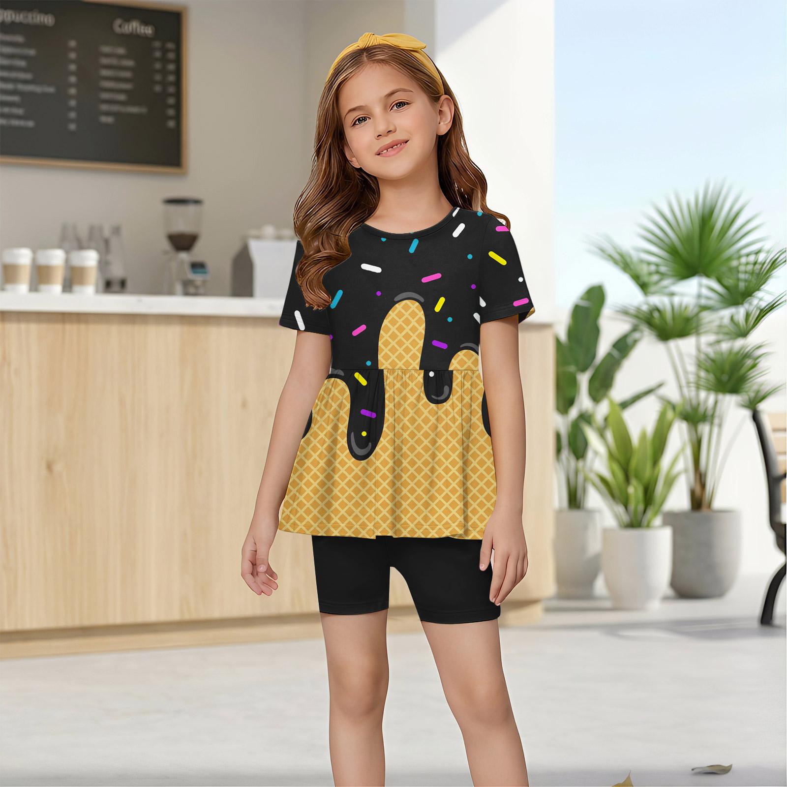 

Fashionable girls summer set short sleeved ruffled hem top+shorts 100 чёрный