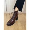 Public Sector Silent Bottom Soft Leather Martin Boots Women's Thick Heel High Heel Lace-up Short Boots Square Head High Heel Short Boots Autumn