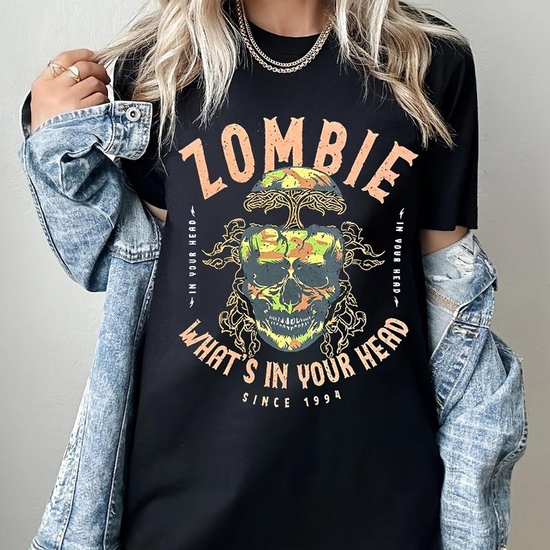 Vintage Zombie Graphic pc Womens Casual Polyester Round Neck TShirt Regular Length SpringSummer Collection