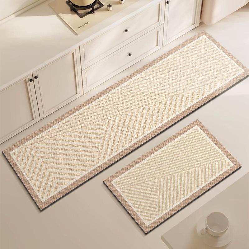 Kitchen Floor Mat Anti-slip Oil-proof Erasable Carpet Leather PVC Waterproof Rug Beige Line Texture Home Decoration Mats 