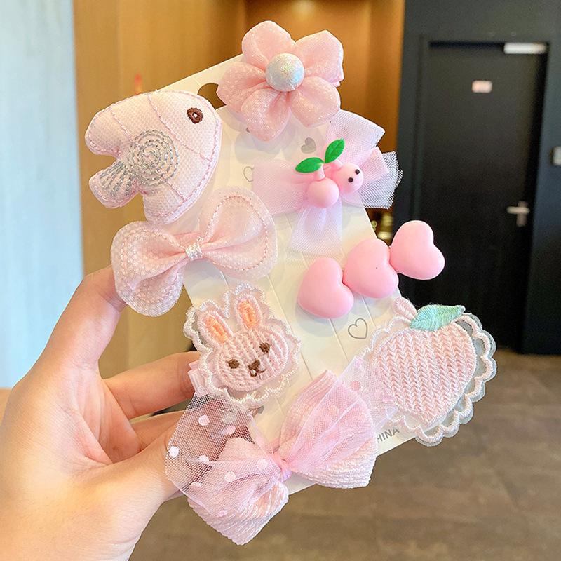 9-teiliges Plüsch-Haarspangen-Set mit Schleife, Damen-Haarspange aus Korea, Herbst/Winter, roter Pony mit einem Hauch von Ozeanblau an der Seite