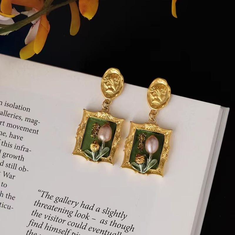 Luxus-Retro Grüne Ölmalerei Vintage Blumige Ohrstecker, Hofstil Ohrschmuck mit Perlen-Accessoires