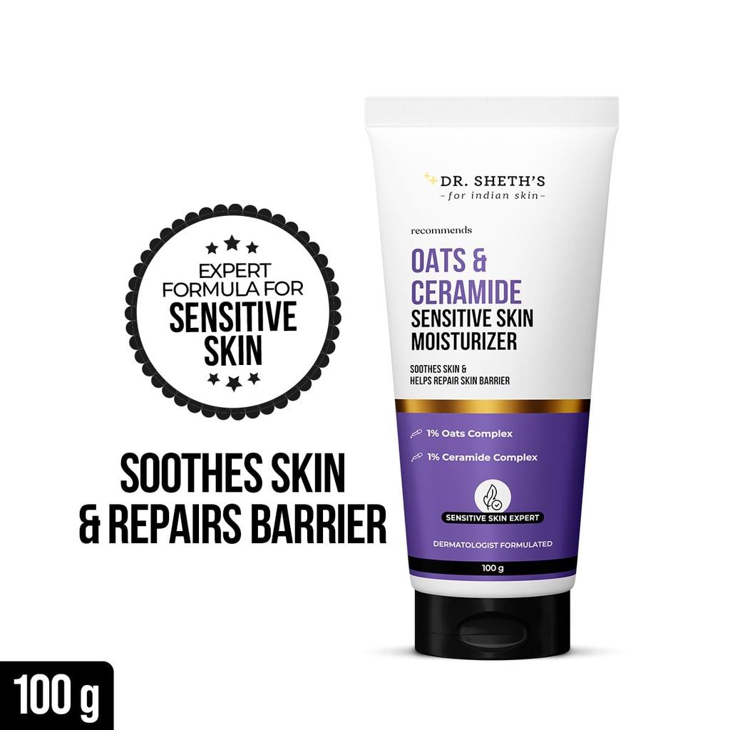 Dr. Sheth's Oats & Ceramide Sensitive Skin Moisturizer 100 G | Oil-Free Lightweight Hydration for Men & Women