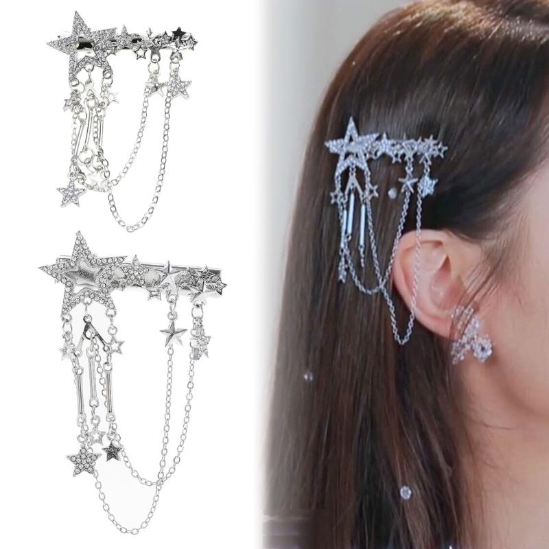 Punk Hair Clip for Women Girl Vintage Crystal Star Tassel Hairpins Harajuku Y2K Fashion Headwear Hair Jewelry Accessory