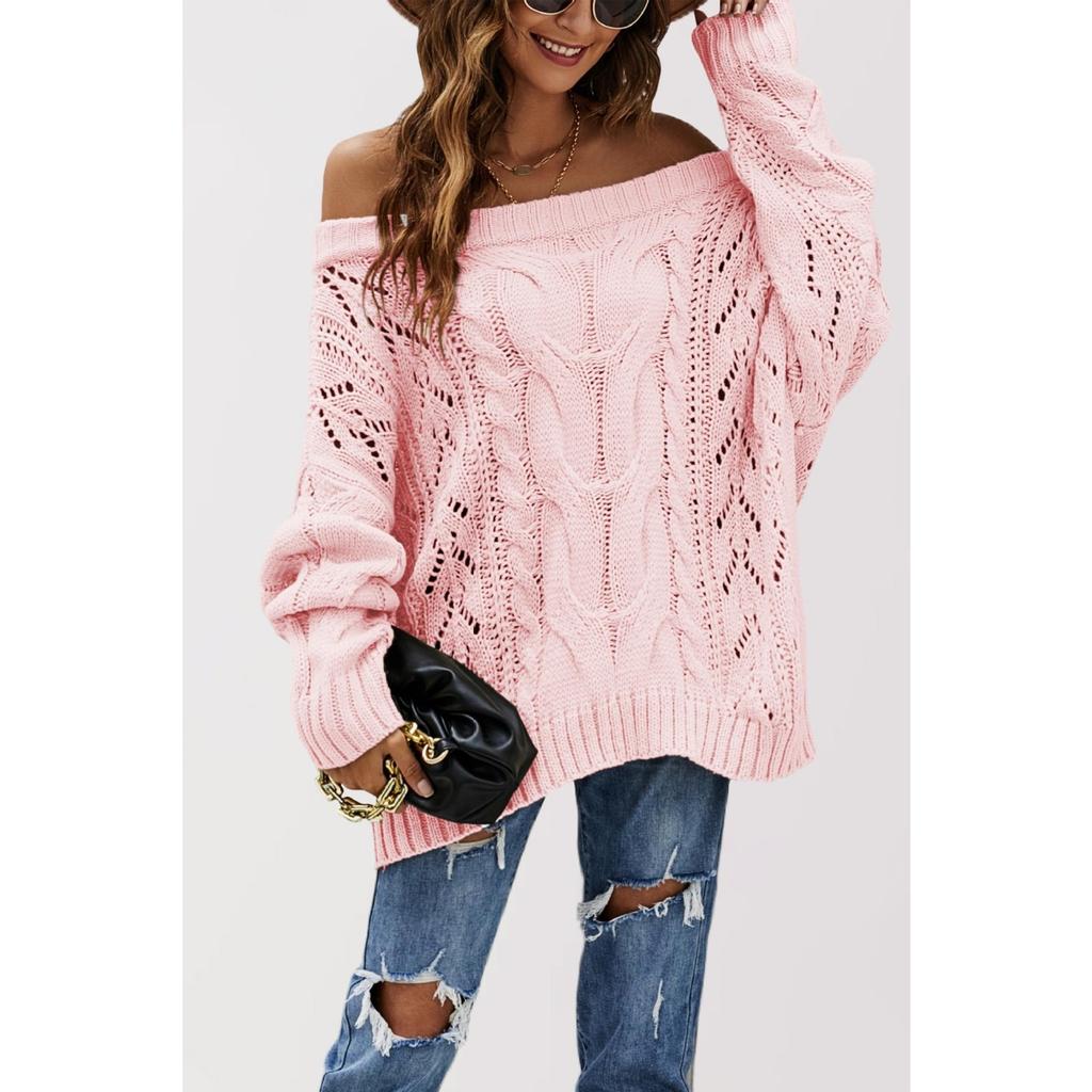 GMXIA Autumn and Winter Off-the-shoulder Large Loose Knitted Sweater, One-neck Solid Color Pullover Sweater for Women